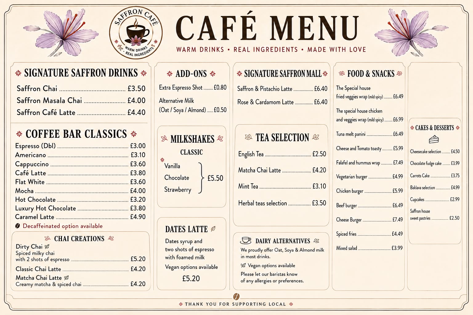 Saffron Mall café menu